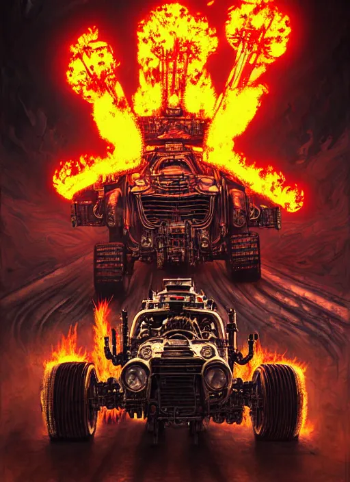 Image similar to portrait of a punk man driving a burning man car, background is on fire, mad max style, warhammer 40000, cyberpunk, intricate, highly detailed, digital painting, artstation, concept art, smooth, sharp focus, illustration, art by Amano and Karol_Bak and artgerm and greg rutkowski and alphonse mucha and Gustav Klimt and Kojima