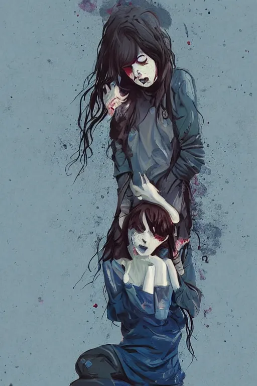 Prompt: urban school zombie girl in tattered clothes crouching in a corner fanart, dark blue long hair, muted colors, matte print, pastel colors, ornate, digital art, cute smile, digital painting, fan art, elegant, pixiv, by Ilya Kuvshinov, by Studio Ghibli