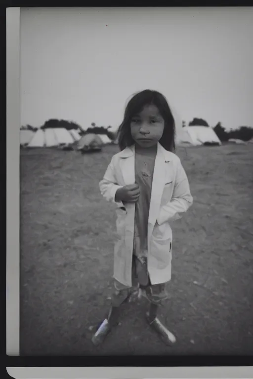 Image similar to photo polaroid of a sad and lonely child in a white coat stands in the middle many big tents of field hospitals, pandemic, covid, loneliness, black and white ,photorealistic, 35mm film,