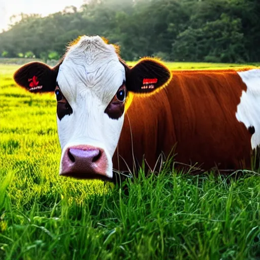 Prompt: a cow eating grass