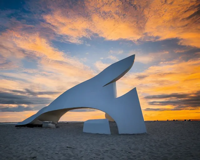 Prompt: photo of white minimalist abstract cubist sculpture of curvy spaceship with random small mecha mayan decorations, covered with few large white airplane parts with windows and doors, gigantic size, sunset lighting by a beach, the sculpture is reflected on the water