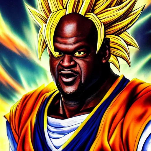 Image similar to ultra realistic portrait painting of shaquille o'neal as super saiyan goku, art by akira toriyama, 4 k, dragon ball artstyle, cel shaded, highly detailed, epic lighting