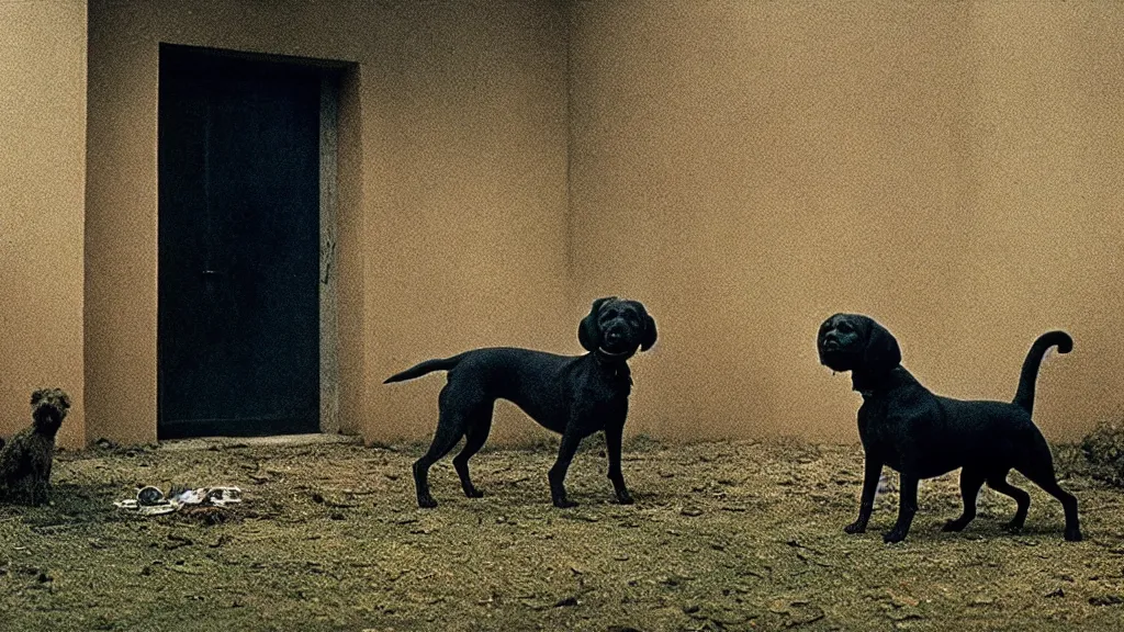 Image similar to the dog who waits outside, film still from the movie directed by denis villeneuve and david cronenberg with art direction by salvador dali and zdzisław beksinski, wide lens