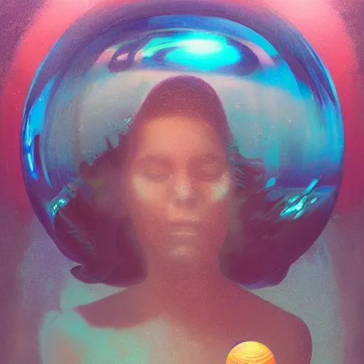 Image similar to portrait of a woman underwater, flowing hair, bubbles, currents, neutrino detector dome sphere, wet reflections, prism, atmospheric, ambient, pj crook, syd mead, livia prima, artgerm, greg rutkowski, nick alm, casey baugh