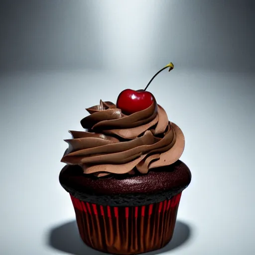 Image similar to a still from a horror move featuring a chocolate cupcake with cream and a cherry on the top, digital art, trending on artstation and unreal engine, smooth, 4 k, poster, high quality, hyperdetailed