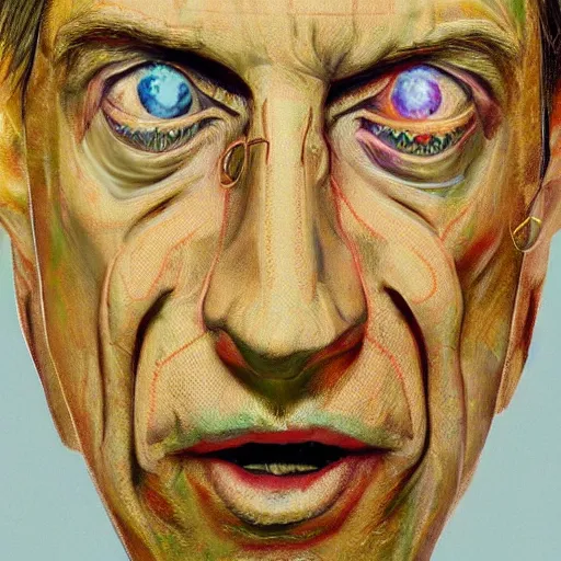 Image similar to a realistic octane render of steve buscemi, physically based rendering of chrome plated steve buscemi, trending on artstation, by archan nair and marlene dumas, intricate details, gilded, in the style of frank auerbach