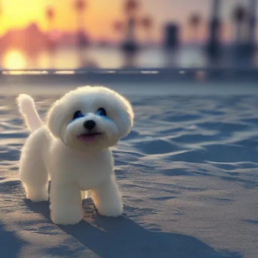 Prompt: a photorealistic photograph of a smiling white bichon puppy eating french fries in a baby stroller during sunset at the beach Trending on artstation, featured on Behance, well-rendered, Unreal Engine, 4K HD