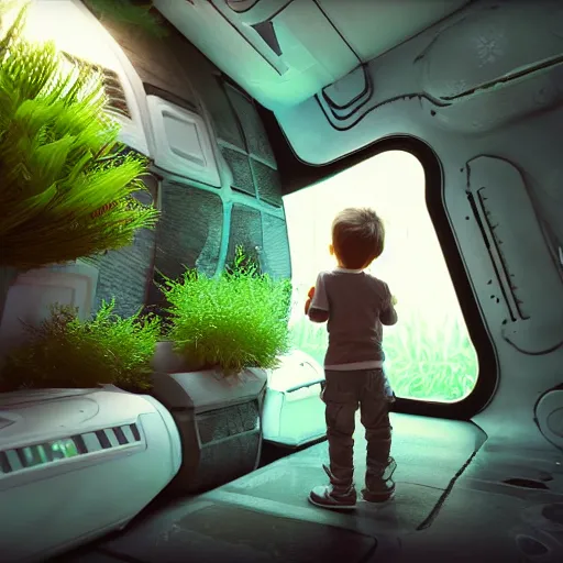 Image similar to little boy looking at some plants inside a spaceship, 3 d render, unreal engine, cinematic, octane scifi