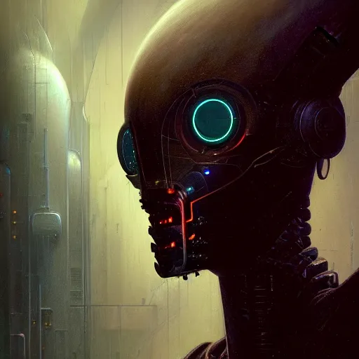 Image similar to dark digital concept art portrait of a high - tech robot on a depth of field background, artstation, award - winning realistic sci - fi concept art by jim burns and greg rutkowski, beksinski, a realism masterpiece, moody color palette, james gilleard, bruegel, alphonse mucha, and yoshitaka amano