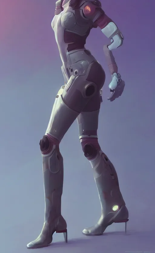 Prompt: sci fi female character, muted colored bodysuit, sci-fi oversized mechanical boots that go up to the thigh that are thick and clunky, soft lighting, wojtek fus, by Makoto Shinkai and Ilya Kuvshinov,