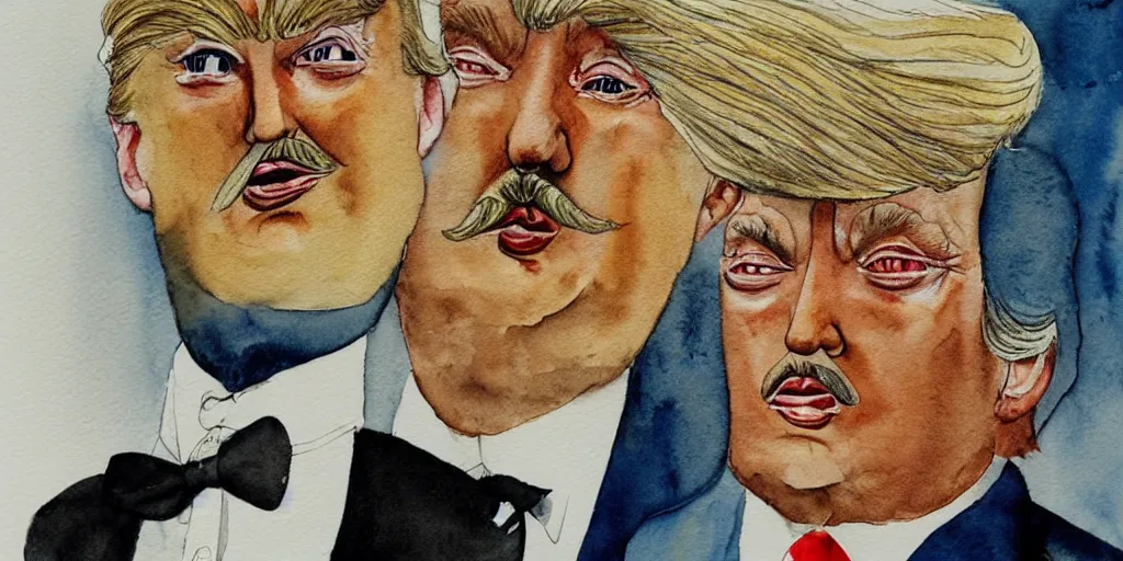 Image similar to donald trump with beard and mustache, watercolor painting by salvador dali