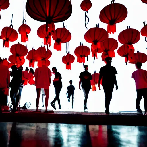Prompt: a tiny dark black night club with five red chinese lanterns, people's silhouettes close up, wearing white t - shirts that glow in the dark, minimalism,