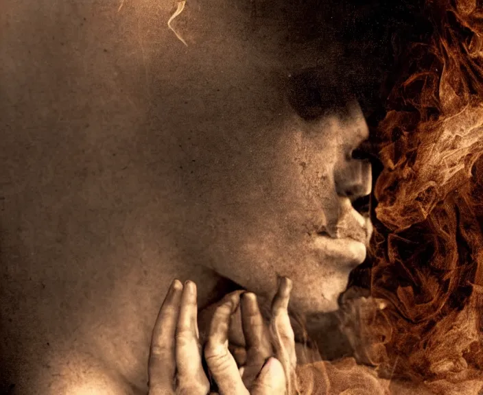 Prompt: mysterious and sensual scene of human transformation. 35mm double-exposure photo, slightly erotic, palm body, deep shadows, german expressionism, warm sepia, slightly colorful, photorealistic, detailed smoke, natural bones and skin, natural textures, depth of field, ambient occlusion, motion blur, HD, masterpiece, volumetric, chromatic aberration by Richard Avedon, style of Ade Santora, perfect composition, masterpiece, intricate detailed