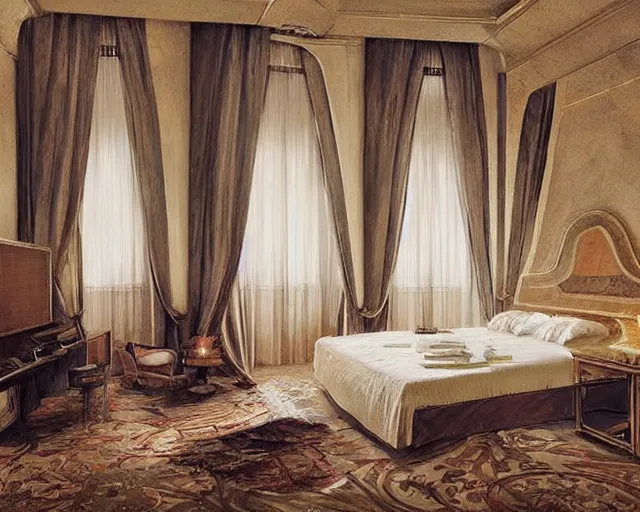 Prompt: a 5 star hotel suite room in the style of renaissance florence, art by greg rutkowski and artgerma, stunning concept art, interior design