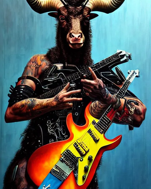 Image similar to a portrait of an anthropomorphic cyberpunk horned goat shredding an electric guitar by sandra chevrier, by jon foster, detailed render, epic composition, cybernetics, 4 k realistic, cryengine, realistic shaded lighting, sharp focus, masterpiece, by enki bilal