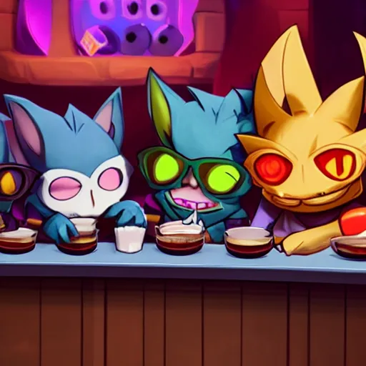 Image similar to yordles from TFT hanging out with his best friends at the bar