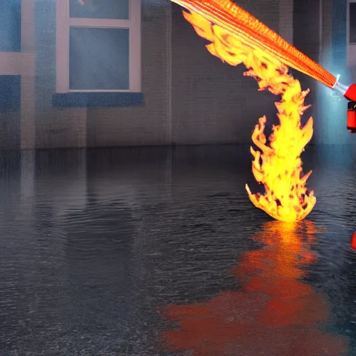 Prompt: a 3d render of a fireman spraying fire out of a hose into a lake