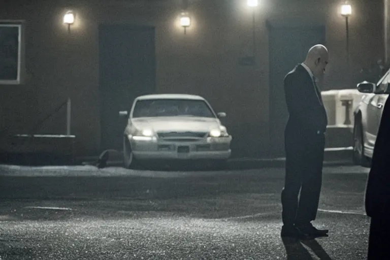 Prompt: movie scene, hitman waiting outside a house in his car, night, silenced pistol, by emmanuel lubezki