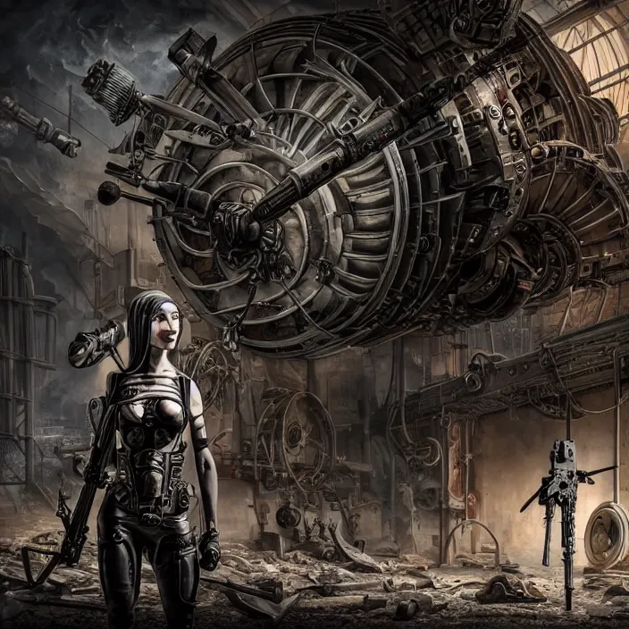 Image similar to apocalyptic woman in hood standing in hall of machinery and weaponry, hyper - detailed, smooth, sharp focus, 4 k ultra hd, fantasy dark art