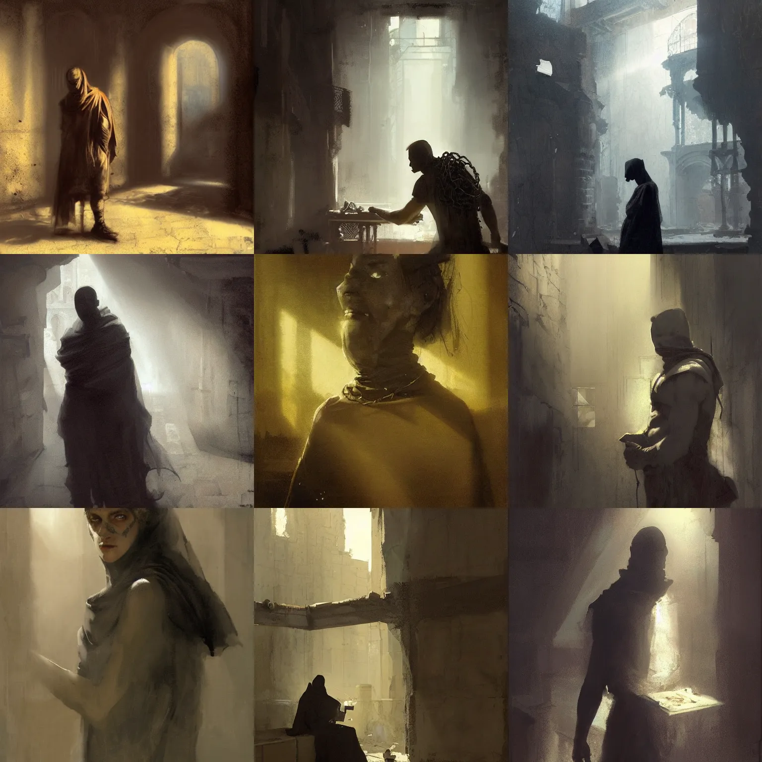 Prompt: portait of magican wearing a closed cerimonial cowl, big old book chained to the wrist!!, by jeremy mann, by craig mullins, by caravaggio and mike mignola, face in the shadows, ruins of ancient rome at dusk, mysterious atmosphere, sunrays, high detailed, 8 k