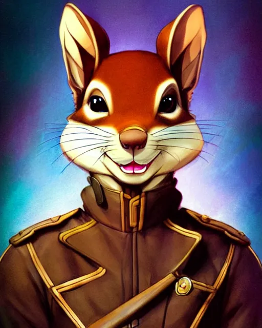 Prompt: don bluth, loish, artgerm, joshua middleton, steampunk, clockpunk anthropomorphic squirrel, full policeman outfit, smiling, symmetrical eyes symmetrical face, colorful animation forest background