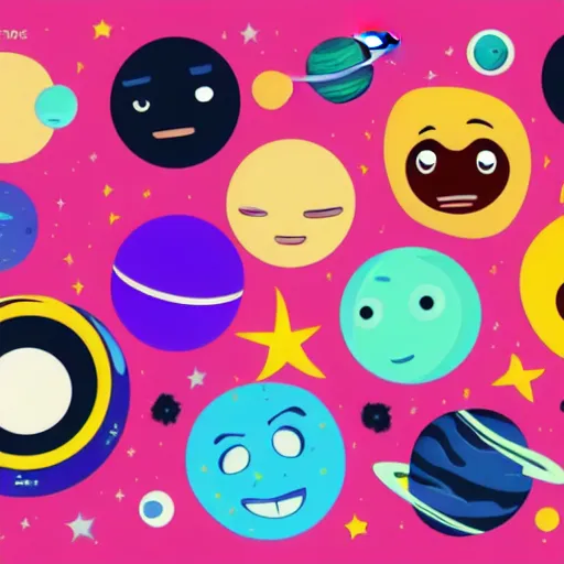 Image similar to outer space view of living planets with cartoon faces, style by kurzgesagt and pixar and dreamworks and disney