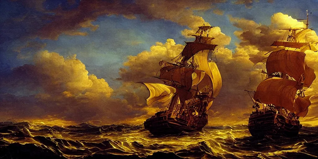 Prompt: One pirate ship sailing on clouds, baroque painting. star lit sky, ultra realistic.