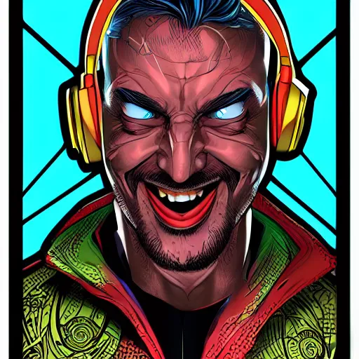 Image similar to artgerm, psychedelic laughing cybertronic dr. strange, rocking out, headphones dj rave, digital artwork, r. crumb, svg vector