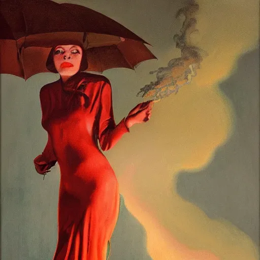 Prompt: oil painting of realistic woman, 1 9 3 0 s decopunk penthouse pleasure factory, rain and smoke, dramatic lighting, tech noir, wet skin, atmospheric, ambient, rupert everton, wlop, george tooker, gil elvgren, alexis flower, hopper, mucha, peter max, livia prima,