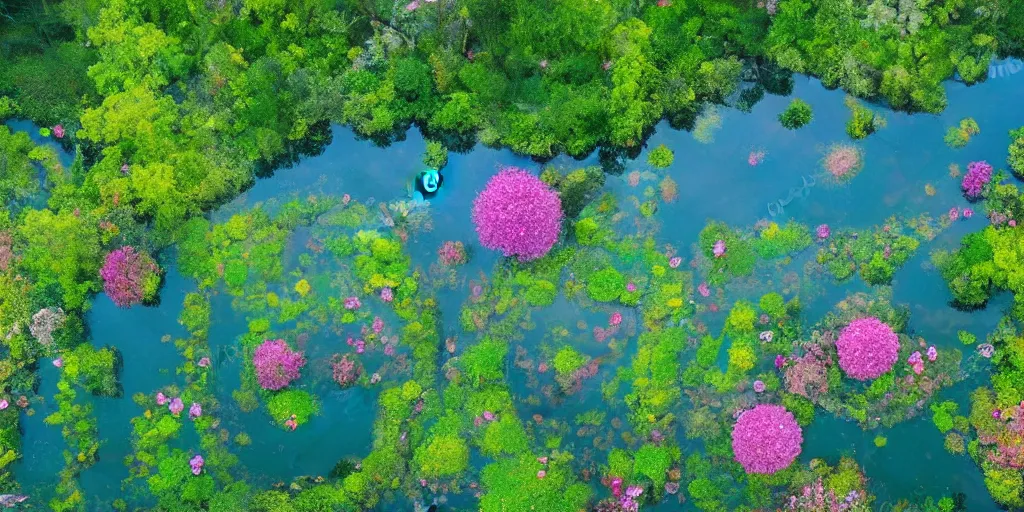 Prompt: aerial view of a beautiful pond covered with vibrant carpet of lilies and lotus flowers, shimmering fairytale atmosphere, god's rays