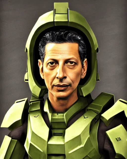 Image similar to jeff goldblum in a halo spartan suit, visible face, medium shot, video game digital art