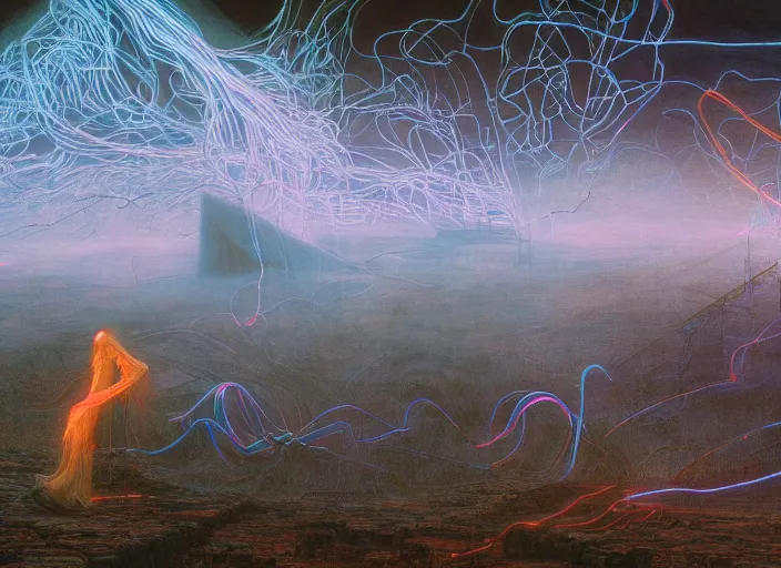 Image similar to Landscape, neon, RGB, glowing wires everywhere, by Edgar Maxence and Ross Tran, Zdzisław Beksiński, and Michael Whelan, distant, gustav dore, H.R. Giger, 8k, octane render