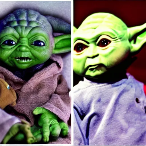 Prompt: baby yoda and screaming chucky doll
