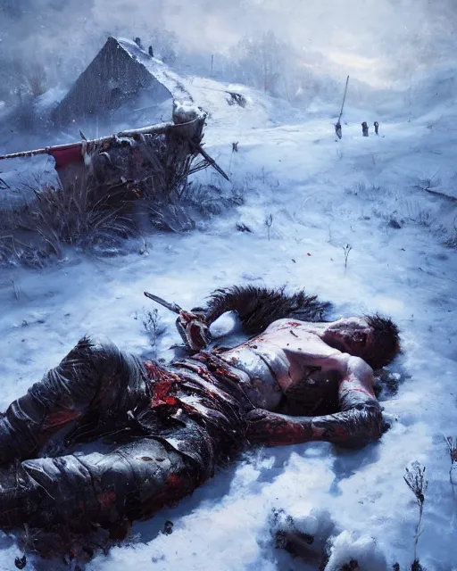 Image similar to Highly realistic oil painting of a wounded knight lying in the snow, surrounded by blue flowers, blood on flowers, by greg rutkowski, highly detailed, cinematic lighting, moody, dark