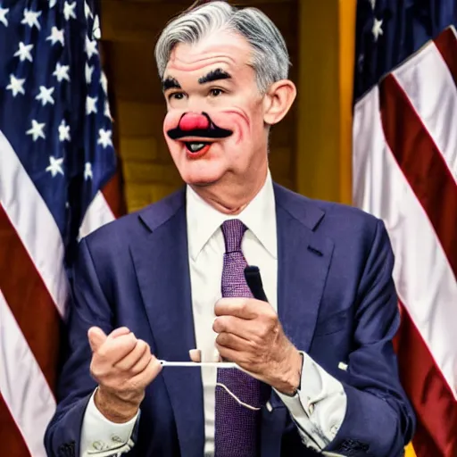 Image similar to photo of Jerome Powell with whiteface clown makeup using a flamethrower projecting a long flame