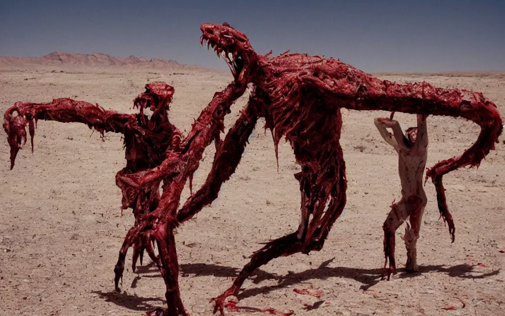 Image similar to in the desert a bloody gross horrifying The Thing creature made of muscle and bone and blood stares at the camera, eating, mid day, 35mm photography, realistic,