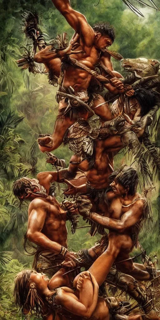 Image similar to battle in jungle, brutal aztec and Amazonian fight, epic, vintage, blood, slight inspiration of Boris vallejo and apocalypto, war photography