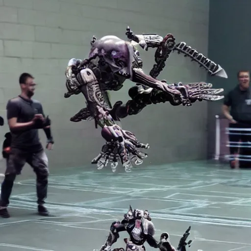 Image similar to necron doing a kickflip while humans look on in amazement and awe