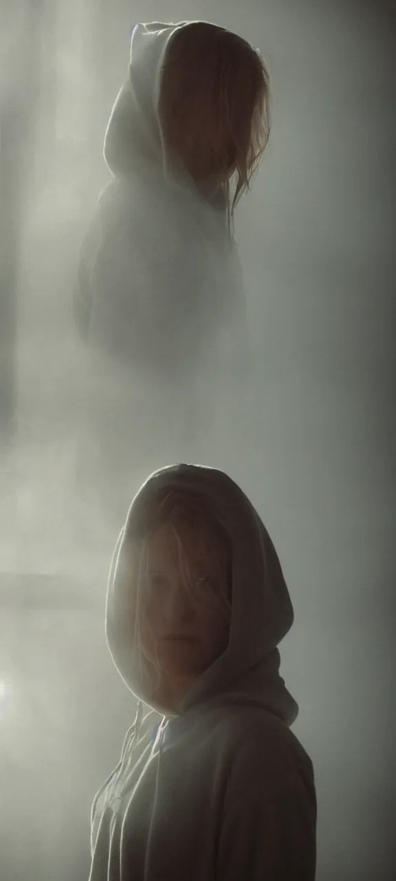 Prompt: very very beautiful photograph of emily skinner looking like annie leonhart in a hoodie standing next to a window god rays shining on her from the sunlight, sharp focus, volumetric fog, smoke, depth of field, beautiful composition, very very very beautifull face, on artstation and instagram, ray tracing