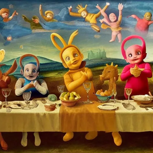 Image similar to renaissance painting of the teletubbies at final supper, long table, drinking, eating, nightmare fuel