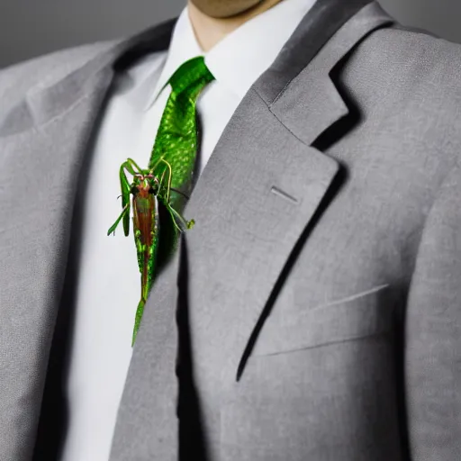 Image similar to praying mantis in a suit, upset, 4 k photograph, cinematic lighting,