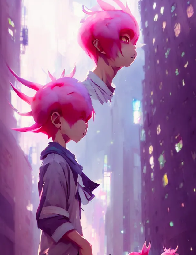 Prompt: a beautiful fullbody portrait of a cute anime boy with pink hairs in a city. character design by cory loftis, fenghua zhong, ryohei hase, ismail inceoglu and ruan jia. artstation, volumetric light, detailed, photorealistic, fantasy, rendered in octane