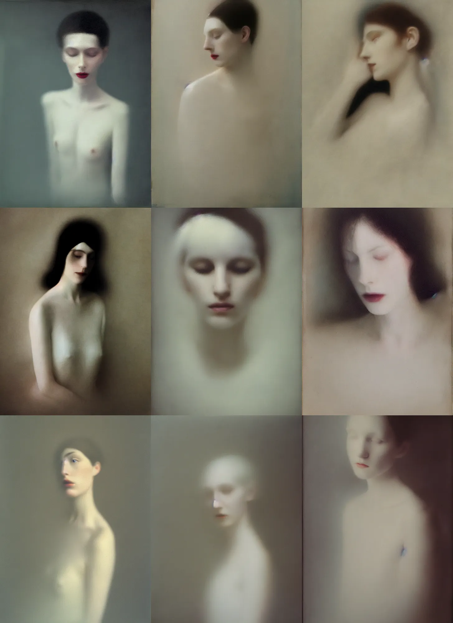 Prompt: out of focus photorealistic portrait of a beautiful pale young woman by sarah moon, very blurry, translucent white skin, closed eyes, foggy