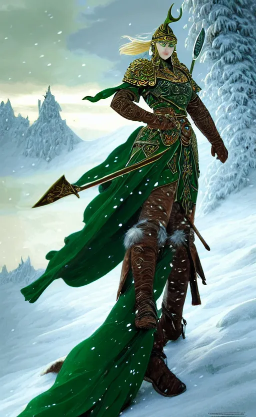 Prompt: emerald viking warrior, regal, elegant, winter, snow, beautiful, stunning, hd, illustration, epic, d & d, fantasy, intricate, elegant, highly detailed, wide angle, digital painting, artstation, concept art, smooth, sharp focus, illustration, wallpaper, art by artgerm and greg rutkowski and alphonse mucha and jin xiaodi