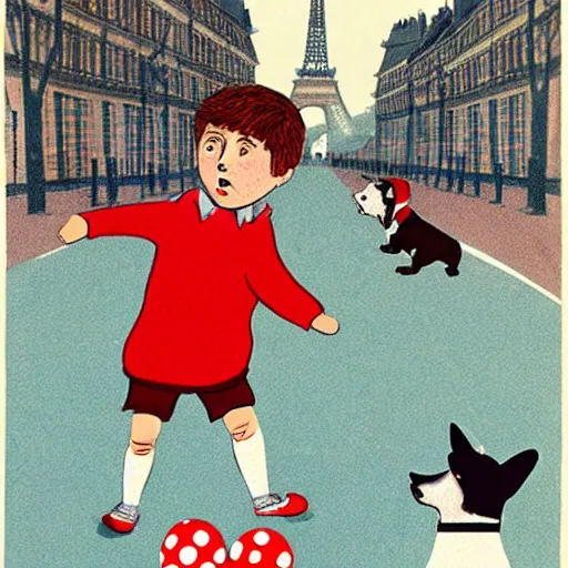 Image similar to book illustration of a french boy on the streets of paris playing football against a corgi, the dog is wearing a polka dot scarf, 1 9 6 6