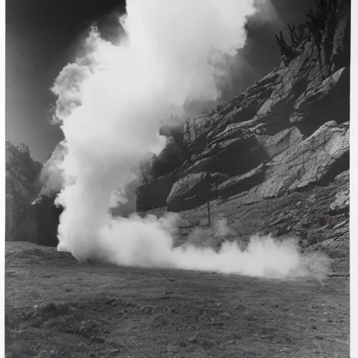 Image similar to 1 9 7 0's artistic western movie, a woman in a giant flowing incredibly long dragging white dress made out of white smoke, standing inside a dark western rocky scenic landscape, volumetric lighting