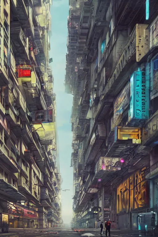 Prompt: hyperrealistic matte painting of a cyberpunk city street, lone travelers walking under massive buildings that reach the sky, object centered, long street, myriad of technological ads, graffiti, electronic ads, 8 k resolution, endless street, by hugh ferris and noriyoshi ohrai, fine detail, blue color scheme, smooth, octane, concept art, trending on artstation