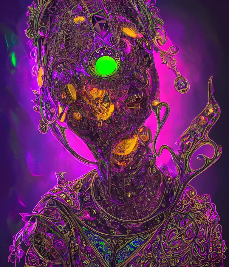 Image similar to front!!! shot of a court jester!!! character, hyperdimensional, bioluminescent hypercubes, dark holography!!!, sunset psychedelic, chrome, (((intricate))), elegant, highly detailed, centered, (((artstation, concept art, smooth, sharp focus, artgerm, Tomasz Alen Kopera, Peter Mohrbacher, donato giancola, Joseph Christian Leyendecker, WLOP, Boris Vallejo))), mugshot!!!!!, ugly!!!!!!, octane render, nvidia raytracing demo, octane render, nvidia raytracing demo, octane render, nvidia raytracing demo, grainy, muted, 8K, digitalblasphemy, metatron