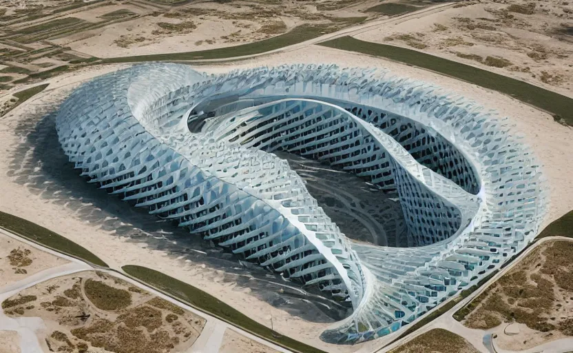 Prompt: parametric structure, medical complex, in the desert beside the gulf, view from above, design by mad architect, dezeen, architectural photography