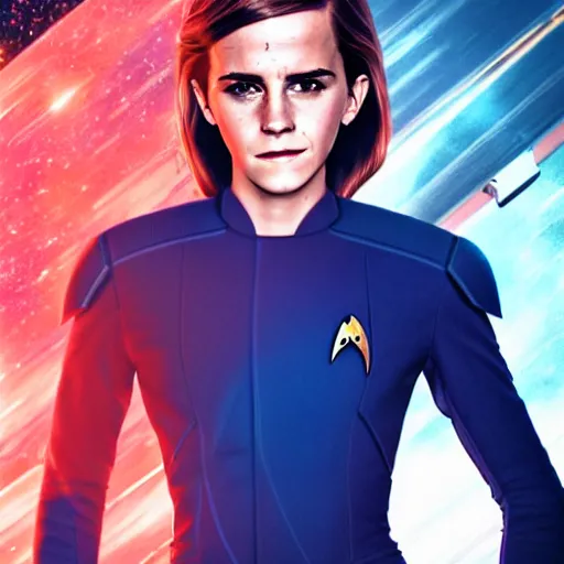 Image similar to a full body portrait of emma watson as a star fleet officer from star trek next generation, ultra rendered extreme realism and detail, 8 k, highly detailed, realistic, completely framed, hyper realistic, colorful, direct lighting, 3 5 mm photo, photorealistic, sharp focus